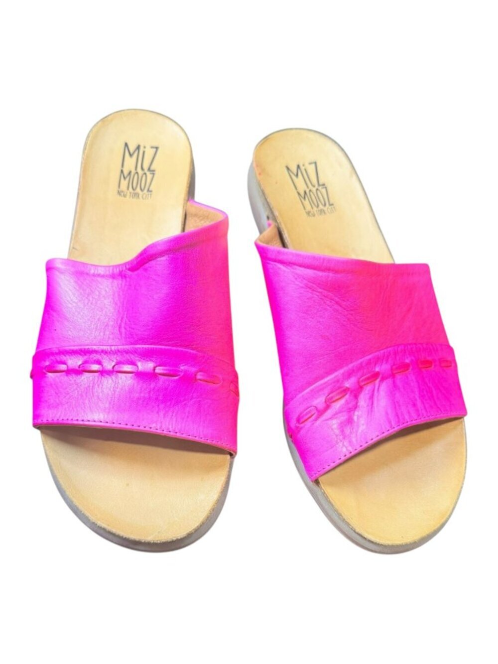 Miz Mooz Hot Pink Leather Whipstitch Slide Sandals - Size 7